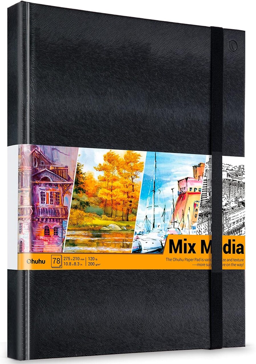 Mix Media Pad, Ohuhu 10.8x8.3 Mixed Media Art Sketchbook, 120 LB/200 GSM  Heavyweight Papers, 78 Sheets/156 Pages, PU Hardcover Mixed Media Paper Pad  for Acrylic, Painting Christmas Gift